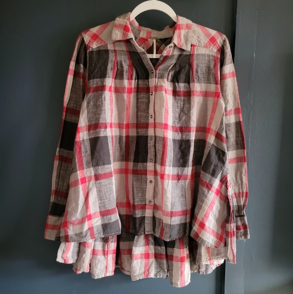Free People‎ Red Plaid Cotton Collared Long Sleeves Button Down Shirt Medium - Picture 2 of 10